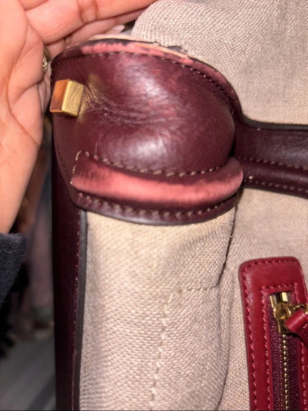 Celine Beige Canvas Tote with Burgundy and Dark Brown Leather Trim - Picture 7 of 10